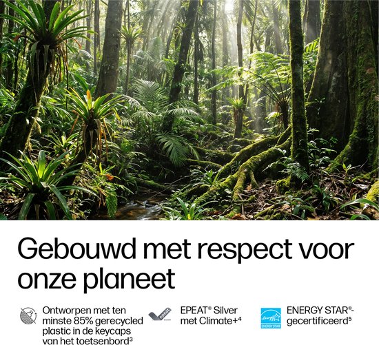 Een weelderig groen bos met zonlicht dat door de bladeren schijnt, met tekst over duurzaamheid.