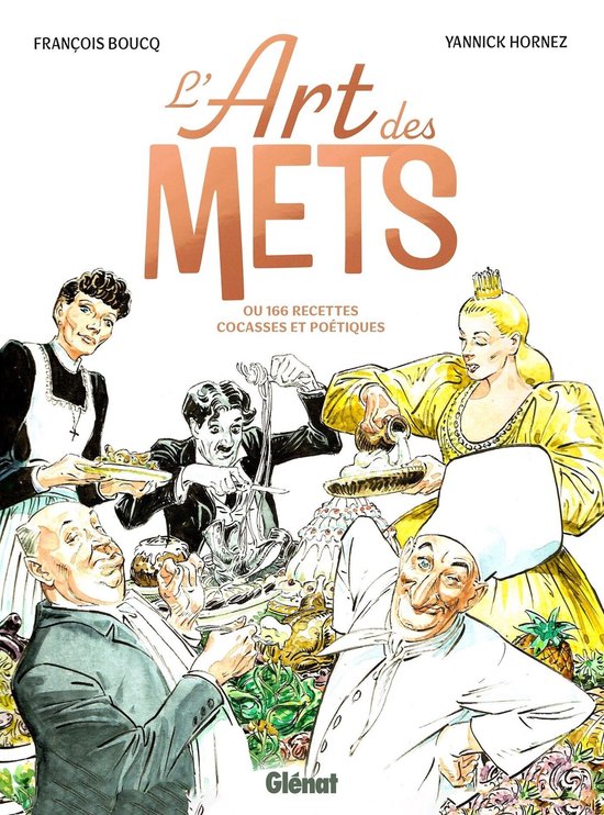 Boek 'L'Art des Mets' met tekeningen van koks en gerechten, met o.a. Charlie Chaplin.