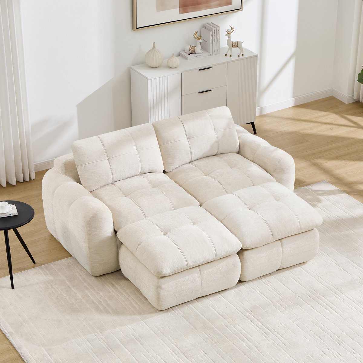 Modulaire Tweezitsbank, 2-Zits Frameloze Modulaire Bank In Wolkdesign, Geruit En Doorgestikt, Chenille Bekleding, Brede En Diepe Zitplaatsen, Vrij Combineerbaar, Montagevrij, Inclusief 2 Voetenbankjes Voor Woonkamers en Appartementen-Beige