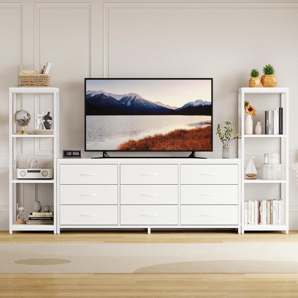 Moderne industriële tv-kast – voor een tv van 75 inch – 6 lades met zwarte stoffen bekleding – 4 open opbergplanken – stevig metalen frame – tv-meubel – wit