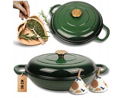 Hage - Braadpan - Stoofpan met Deksel - Casserole Pan - Lage Geëmailleerd Gietijzeren Braadpan - Oven & Inductie Geschikt - Voor Braden, Stoven en Ovenschotels - 3 Liters - 40.5 x 30 x 10.5 cm - Donkergroen