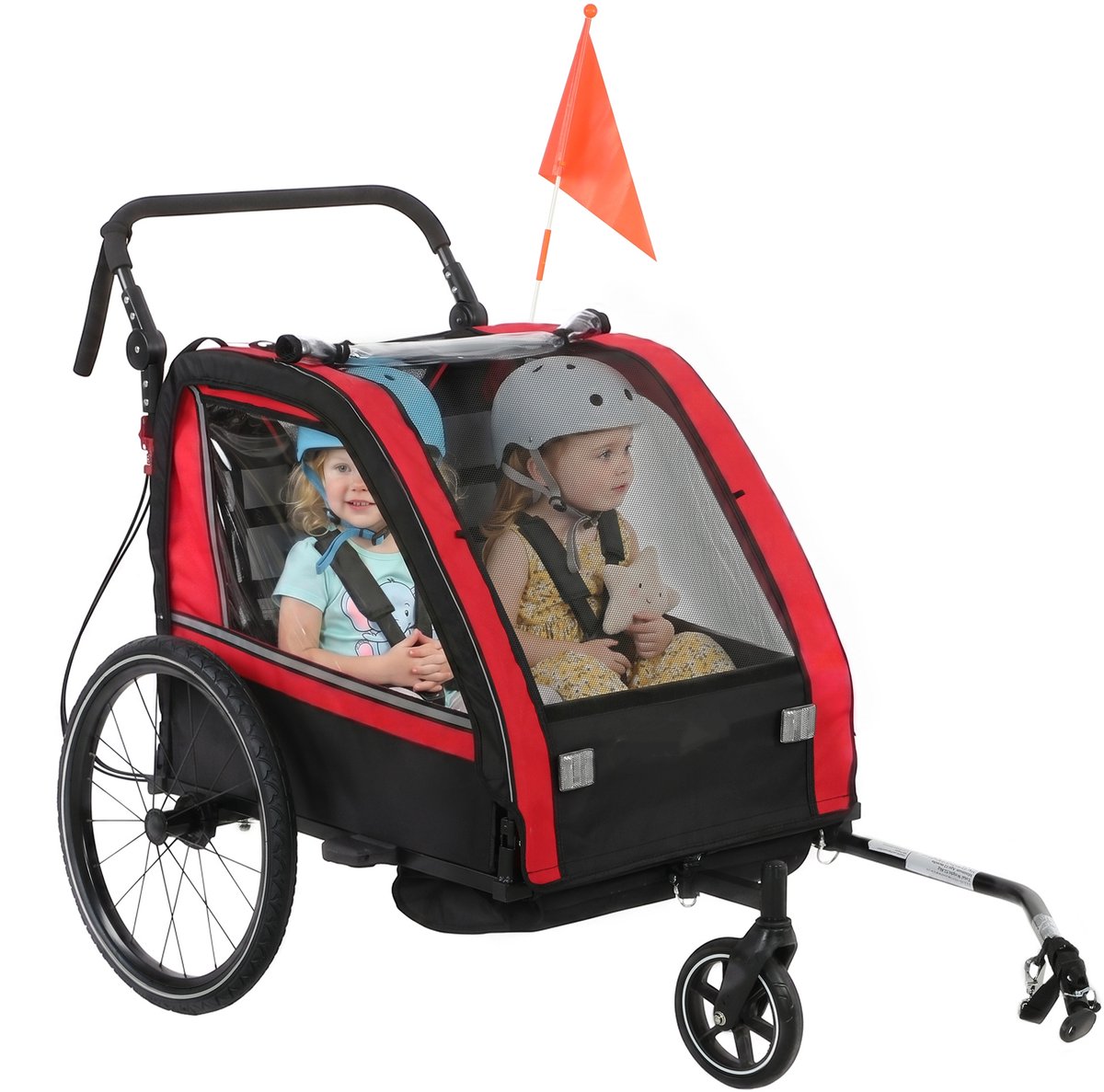 Sogiol® 2-in-1 Kinderfietskar & Wandelwagen - 2 Zitplaatsen - Verstelbare Duwstang - Handrem - veiligheidsgordel- Rood