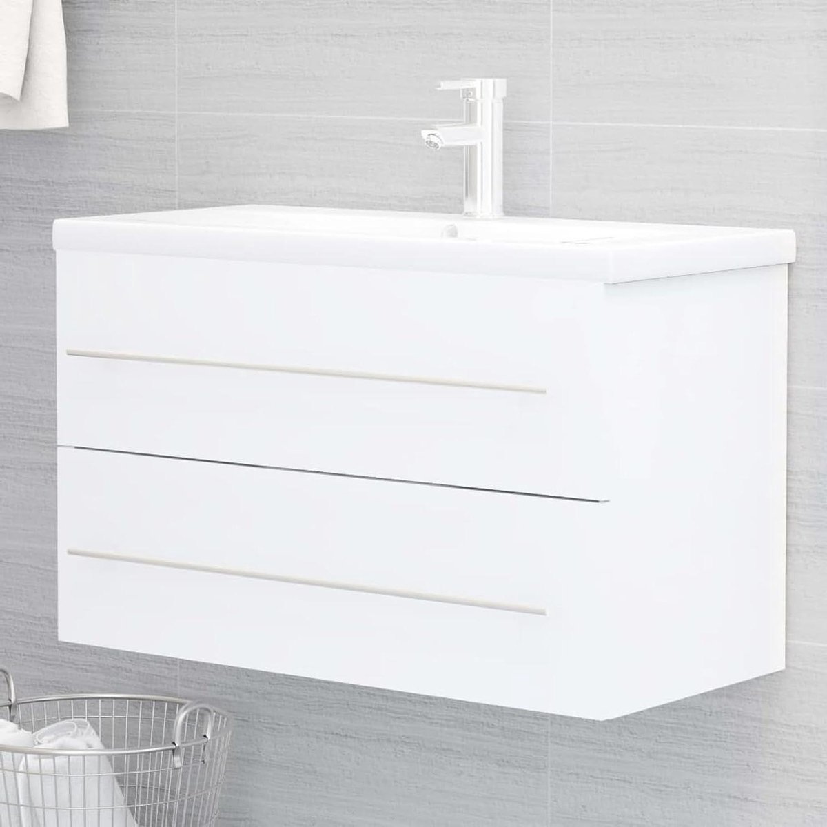 Wastafelonderkast met wastafel - Badkamermeubel Kast met wasbak - Badkamer opruimen - Geglazuurd keramiek - 80x385x48 cm - Wit