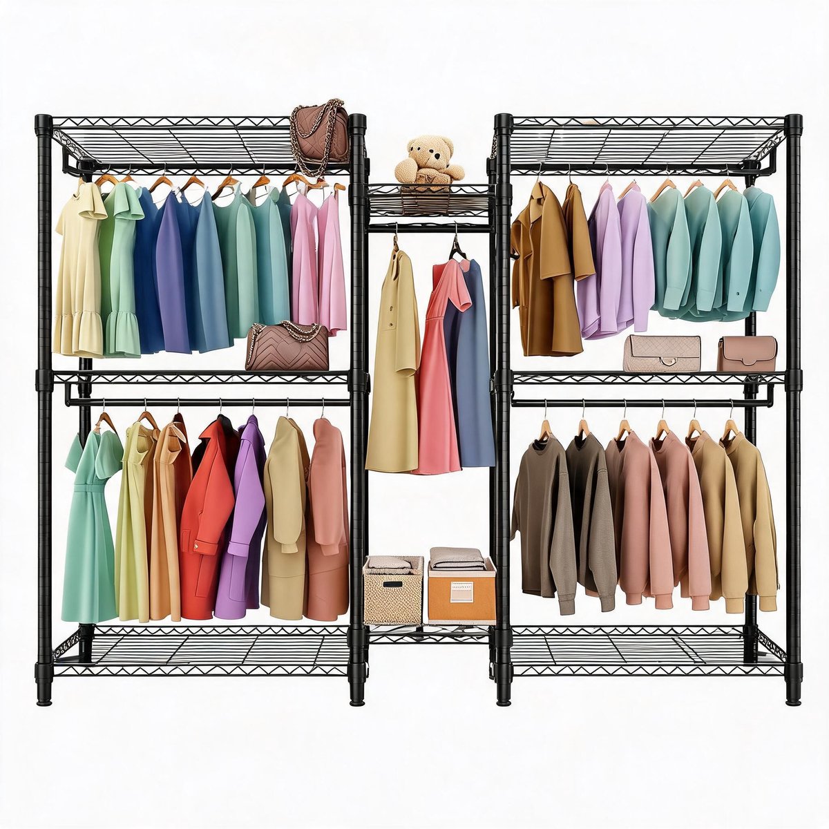 HOERFURIY Kledingrekken - 195x45x195 cm - 850KG Zwaar draagvermogen - 5 hangstangen - Verstelbare planken voor thuisopslag - 195x45x195 cm - 850KG Zwaar draagvermogen - 5 hangstangen - Verstelbare planken voor thuisopslag