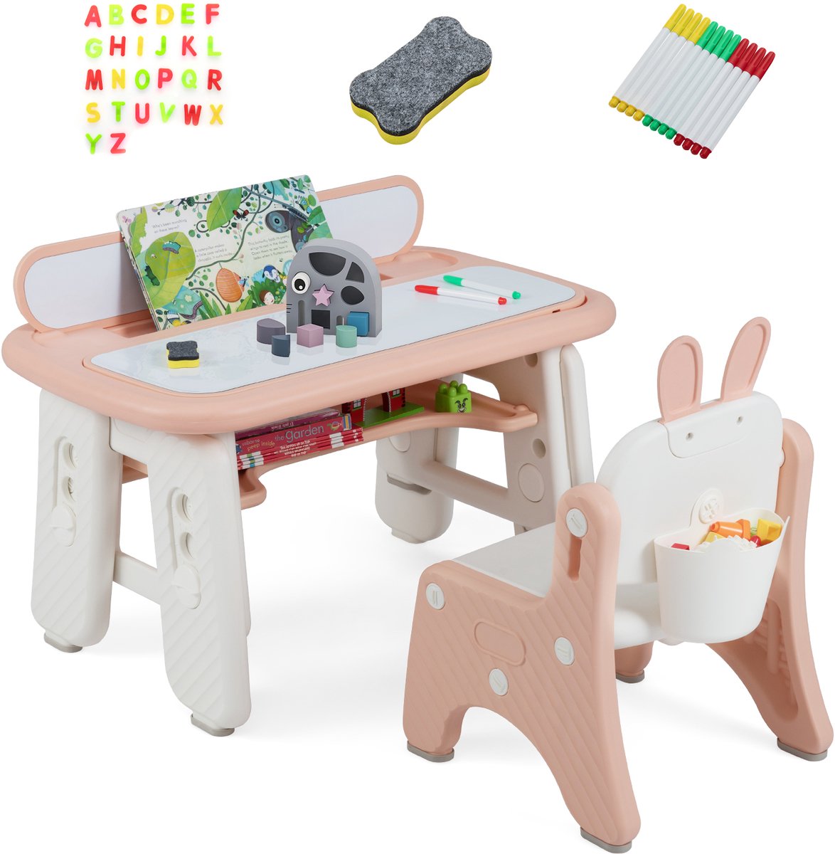 COSTWAY Kindertafel met stoel, kinderzitgroep met opbergruimte, kindertafel in hoogte verstelbaar met opklapbare boekenplank en magnetisch tekenbord, tekentafel voor kinderen vanaf 1 jaar (roze)