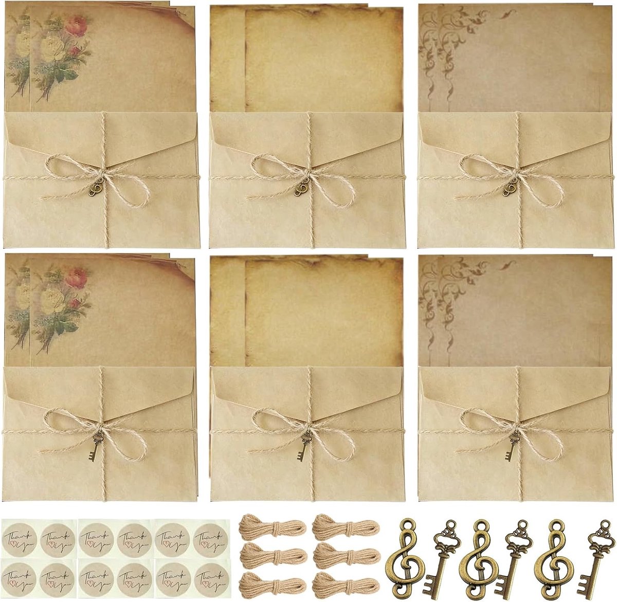 Vintage Briefpapier Set met 6 Enveloppen, 12 Kraft Papieren Bladen, Stickers en Accessoires voor Verjaardag en Bruiloft