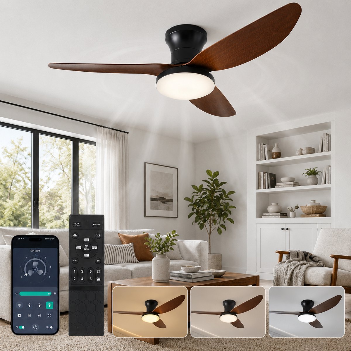 Lapamax Moderne Houtlook Plafondventilator met Verlichting Ø100 cm – Smart Ventilator Lamp met App en Afstandsbediening – Dimbaar -6 Snelheden-Timer en Zomer/Winterstand – Stille DC – Voor Slaapkamer, Woonkamer en Eetkamer-LED Lamp