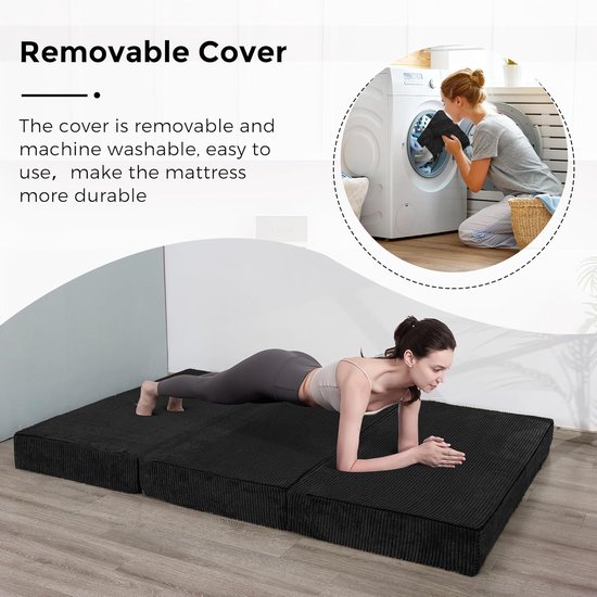 Opvouwbare Corduroy Matras - Drievoudig Gevouwen Vloermat - Dik, met Wasbare Overtrek - Ruimtebesparend voor Gasten (zwart, 135 x 190 cm - 10 cm) — afbeelding 4