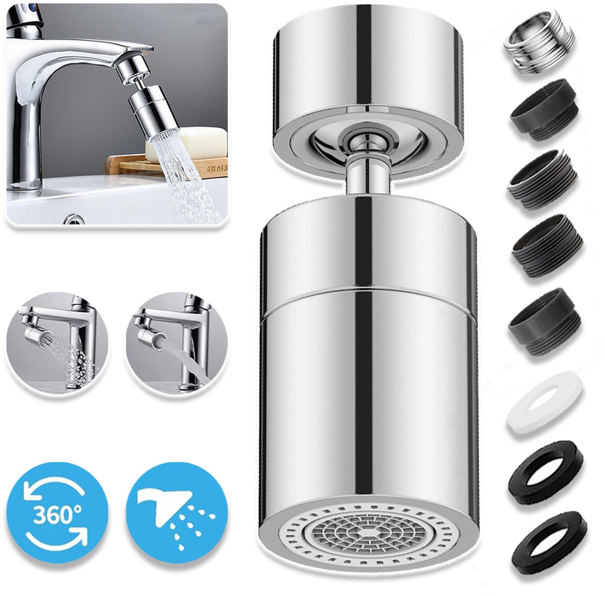 Universele Messing Kraanbeluchter Met Dubbele Sproeistand En 360° Draaibare Functie - Geschikt Voor Kranen Van 20/22/24 mm Eenvoudige Bediening Spatbestendig Duurzame Chroomafwerking