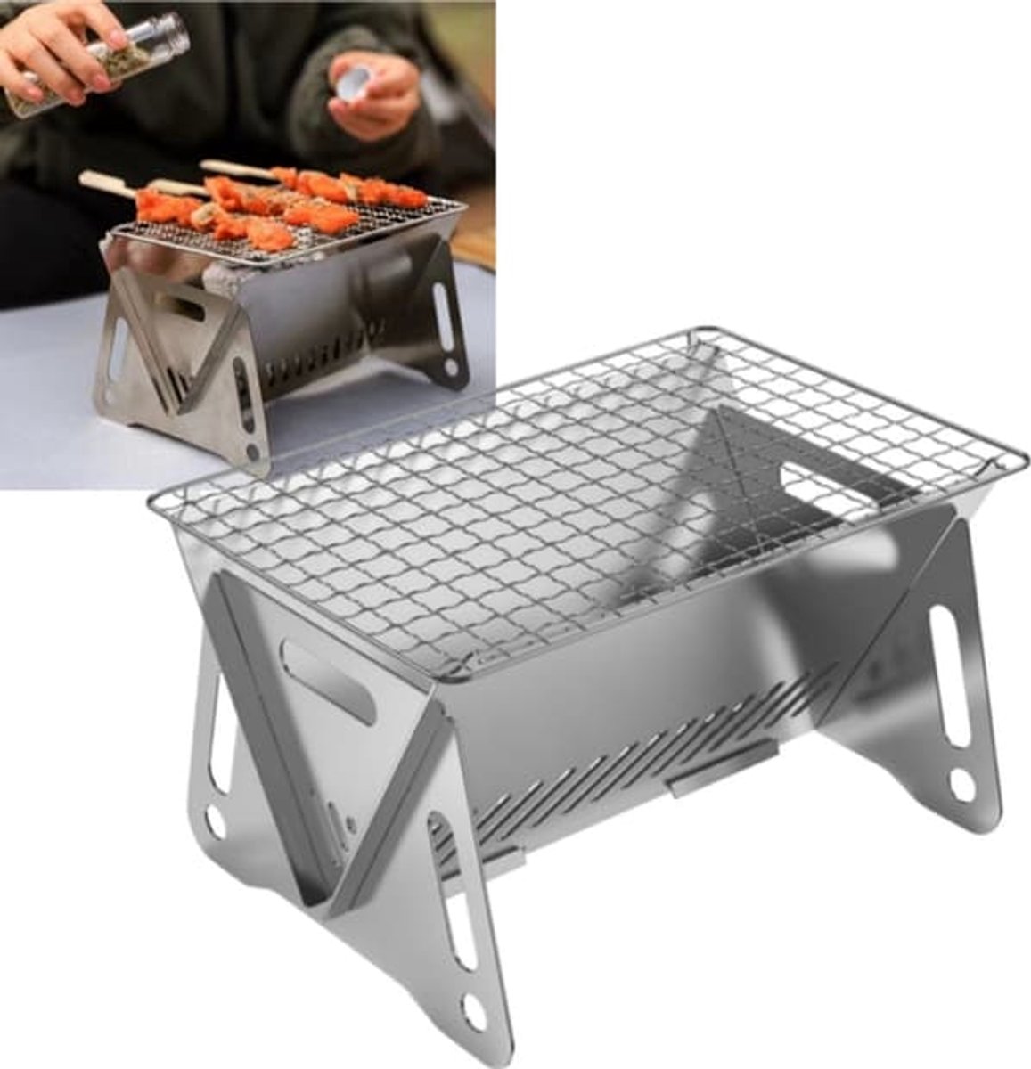 Draagbare, opvouwbare roestvrijstalen barbecuegrill, 13 cm, Geschikt voor picknicks en gebruik in de tuin, kan door één of twee personen worden gebruikt. kleur.