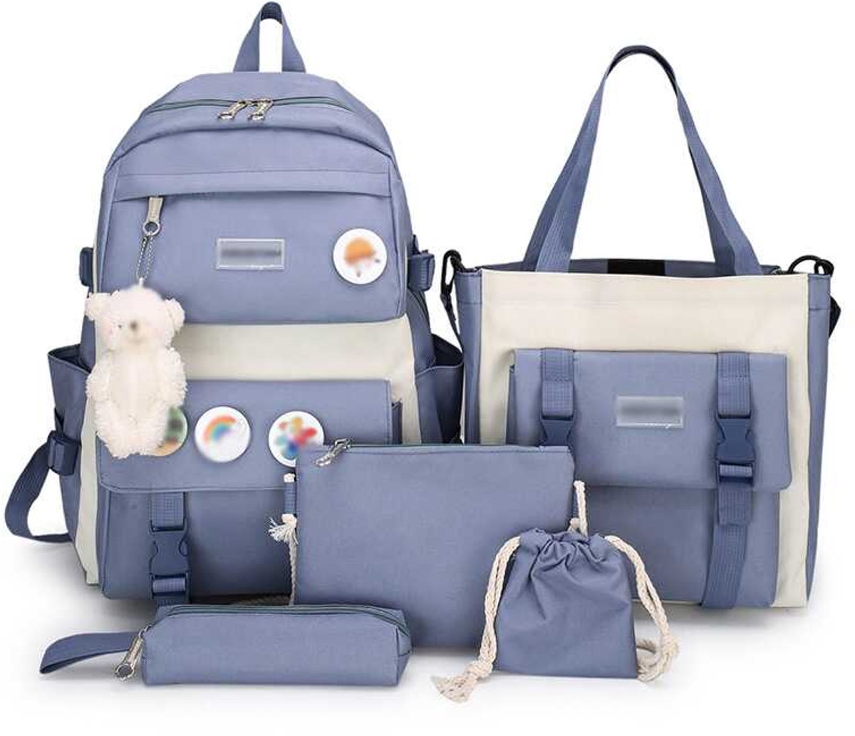 Deze stijlvolle 5-delige rugzakset is geschikt voor studenten, tieners en meisjes. De set bestaat uit een schattige, modieuze en ruime schoudertas in preppy stijl (blauw).