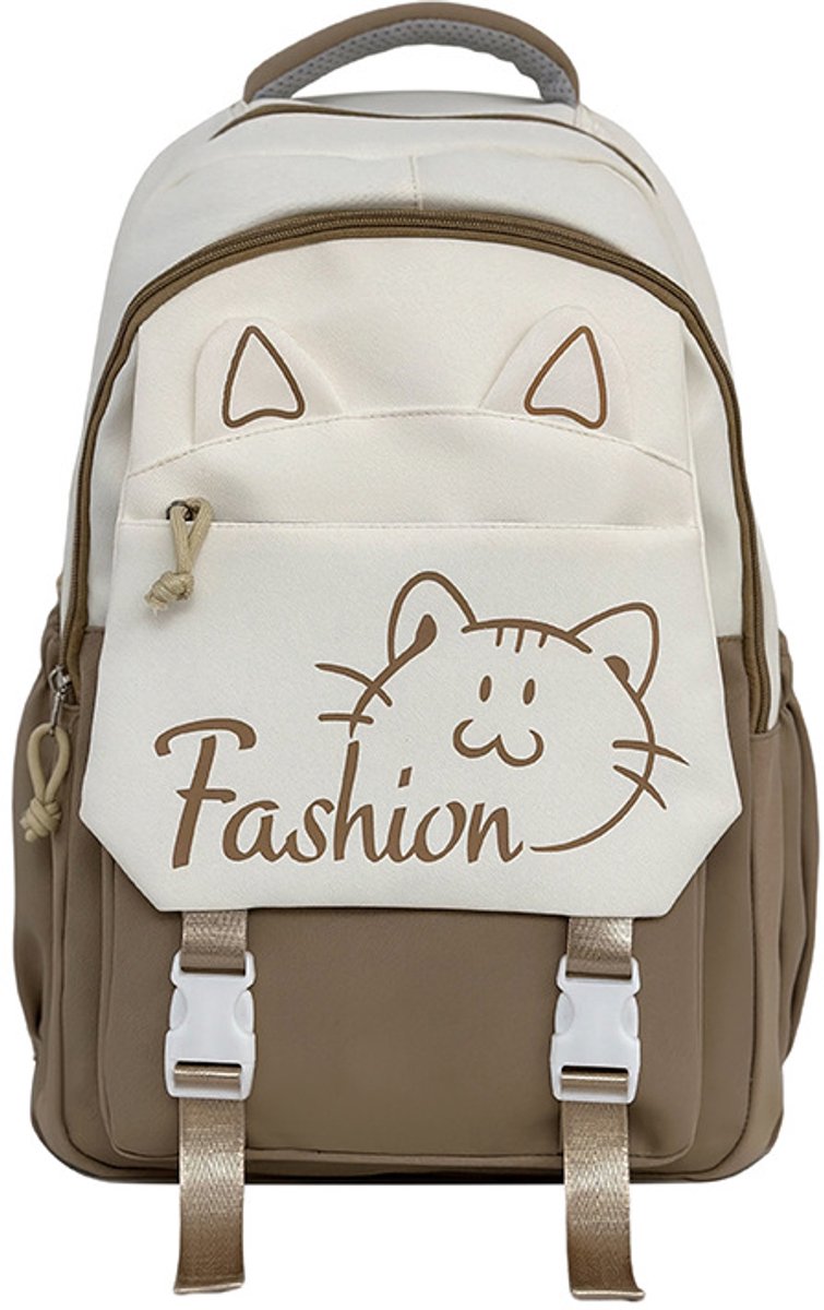 Rugzak met kattenprint en pluche bedeltje, duurzame tas met meerdere vakken voor dagelijks gebruik en op reis, perfect als cadeau voor de start van het schooljaar (khaki).