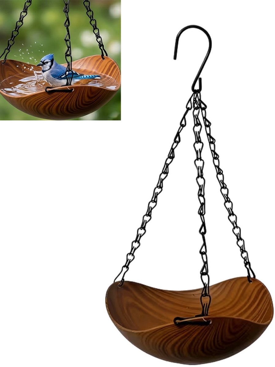 Vogelvoederhuisje - Vogelbad voor buiten - Vogelbad - Met ketting en haak - Houtnerfpatroon - 40x21x8cm - Geschikt voor terrassen, veranda's, tuinen, patio's en balkons - Bruin