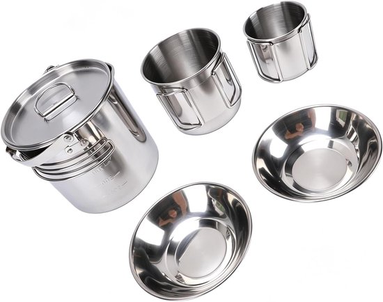 Camping Waterkoker Mok Set - Outdoor Koffie Set - Buiten Koken - Roestvrij Staal - 5 Delig - Zilver — afbeelding 2