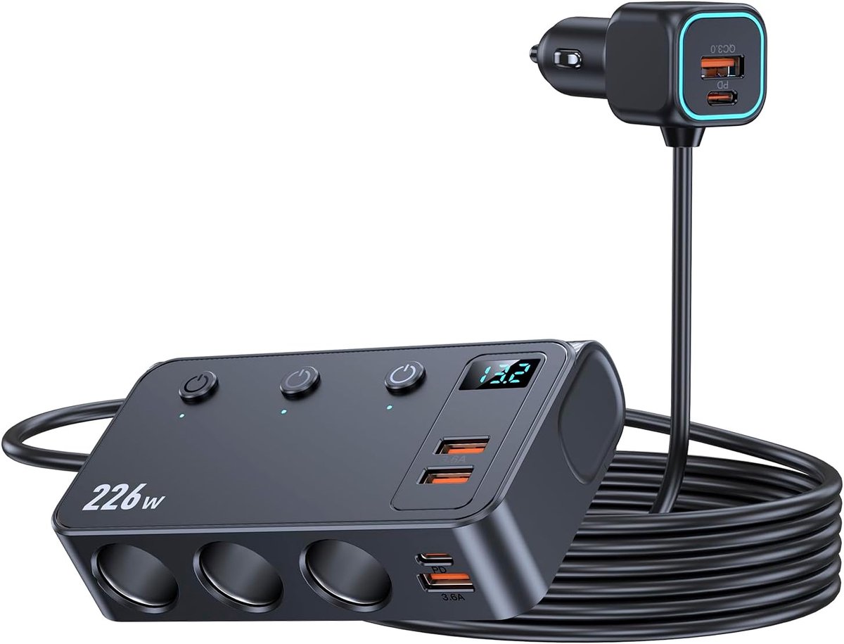 SnelShoppen - 226 W 9-in-1 Autolader Snel Opladen Sigarettenaansteker USB met 3 Stopcontacten 110 W Dual PD (35 W + 45 W) & 3 QC3.0 18 W voor GPS, LED