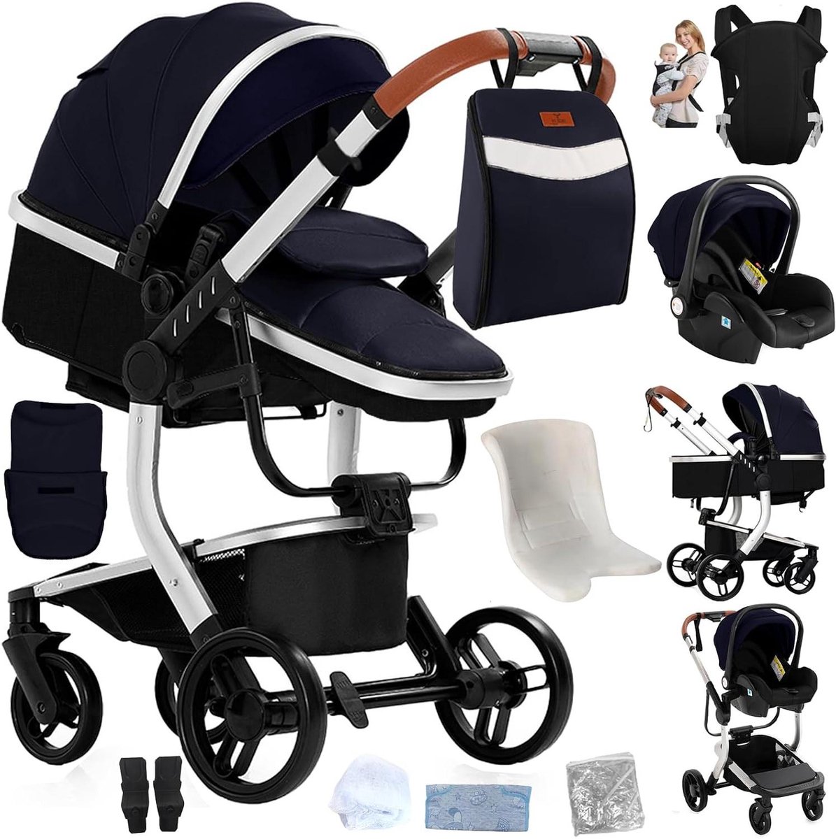 Baby Reiswieg - Kinderwagen Reiswagenset - Comfortabel Reizen - 3-in-1 Multifunctioneel - 82 x 61 x 105 cm - Zilver Blauw