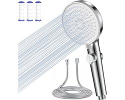 Antikalk met Filter, Dokkita Douchekop Waterbesparende Hogedruk 5 Straalsoorten met 1.5 m Hogedrukslang, Handdouche met Stopknop, Hoge Druk om te Wassen en Schoon te Maken-Zilver