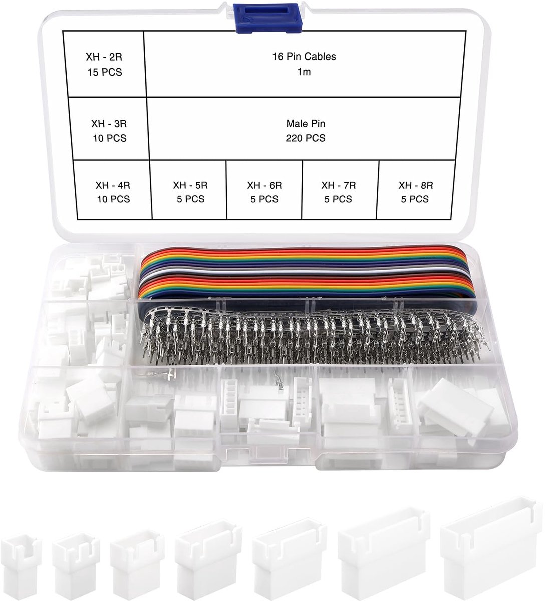 276 Stuks 2/3/4/5/6/7/8-Pins 2.54mm JST-Connectorkit, JST-XH Mannelijke Connector, met 1m 16 Pins 22AWG Regenboogkleurige Lintkabel
