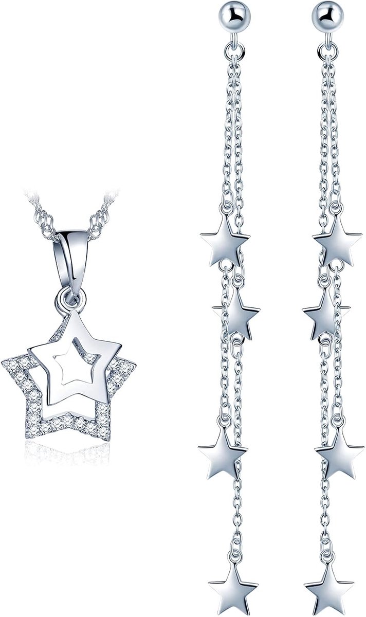 Sieradenset voor dames, 925 sterling zilver, halsketting met oorringen, zirkonia, ster, Sterling zilver sterling zilver zirkonia, Zirkonia