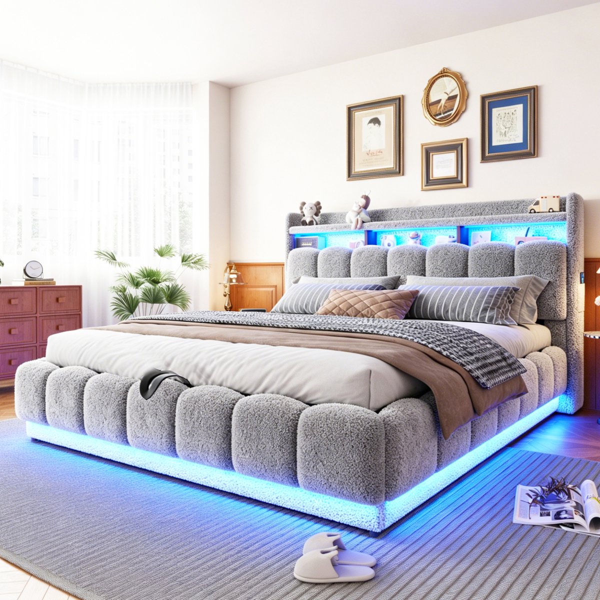 MIVRAY Gestoffeerd Bed 180x200 cm Zonder Matras - Bed Met Opbergruimte, LED Verlichting en USB Aansluiting - Stof en Metaal - Grijs