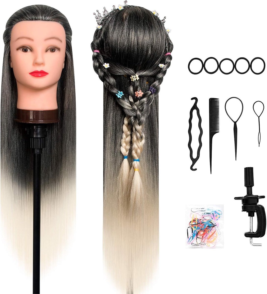 Oefenhoofd, DanseeMeibr Zacht Professioneel 26-28Inch Kappershoofd 100% Synthetische Haar Ombre Traininghoofd Kapperspop Oefenpop met Steun+ Styling Accessoires (Ombre Black)