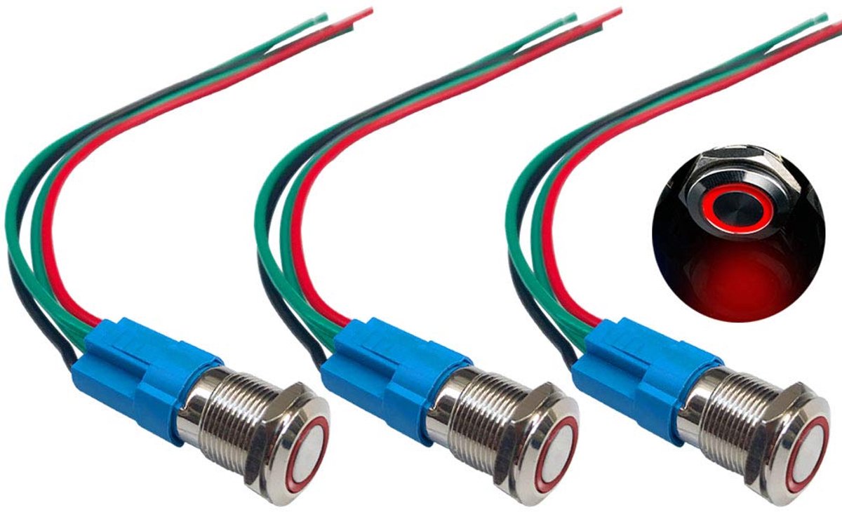 3 stuks Premium 12mm Momentary Drukknopschakelaar, 12V/24V 3A auto ontsteking startschakelaar, rood LED licht roestvrij staal IP66 waterdichte schakelaar met stopcontact plug draad