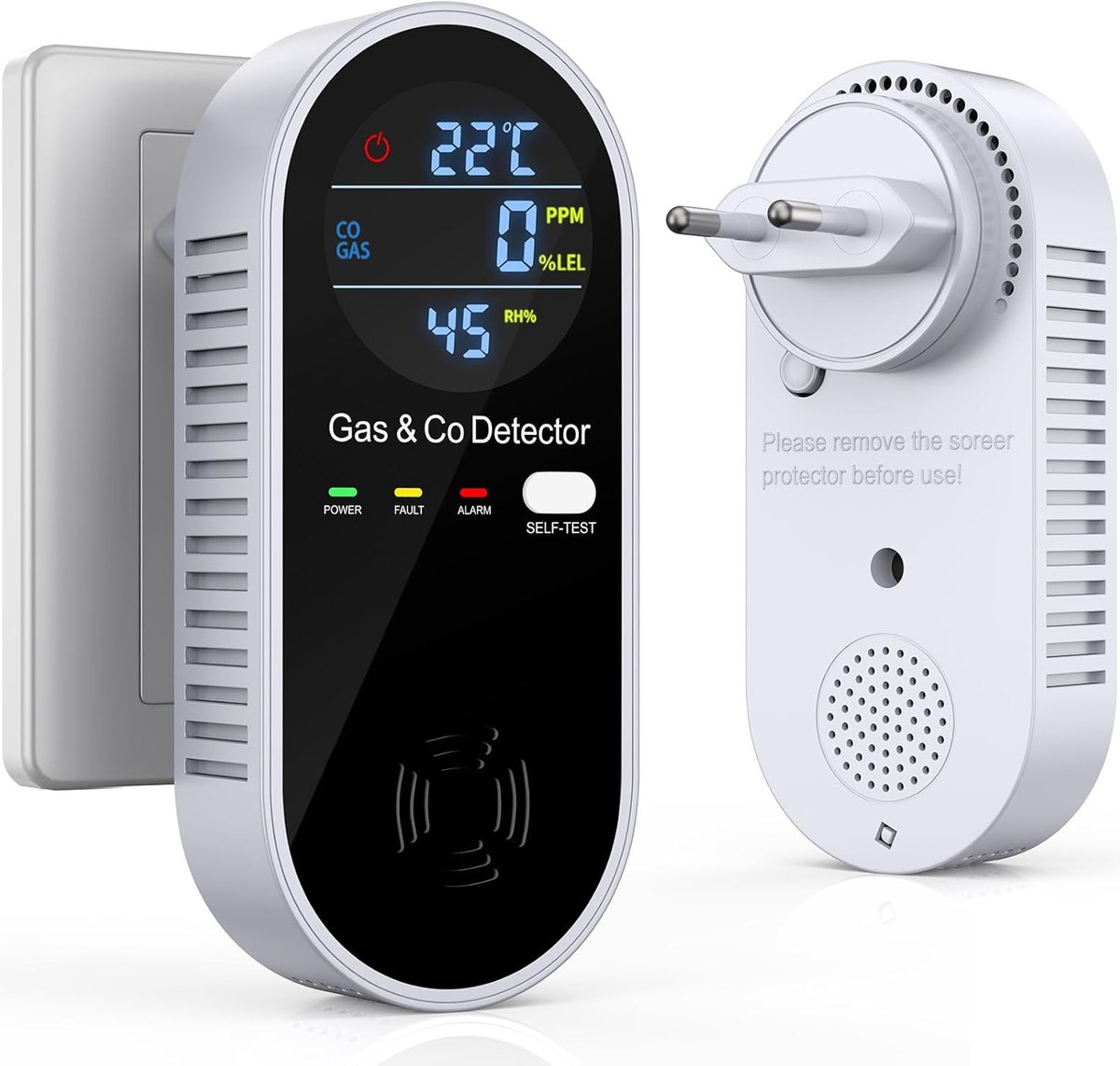 Koolmonoxidemelder en gasmelder, 4-in-1, plug-and-play zonder wandbeschadiging, met akoestisch en visueel alarm, compacte, ruimtebesparende detector voor thuis, camper en op reis (zwart)