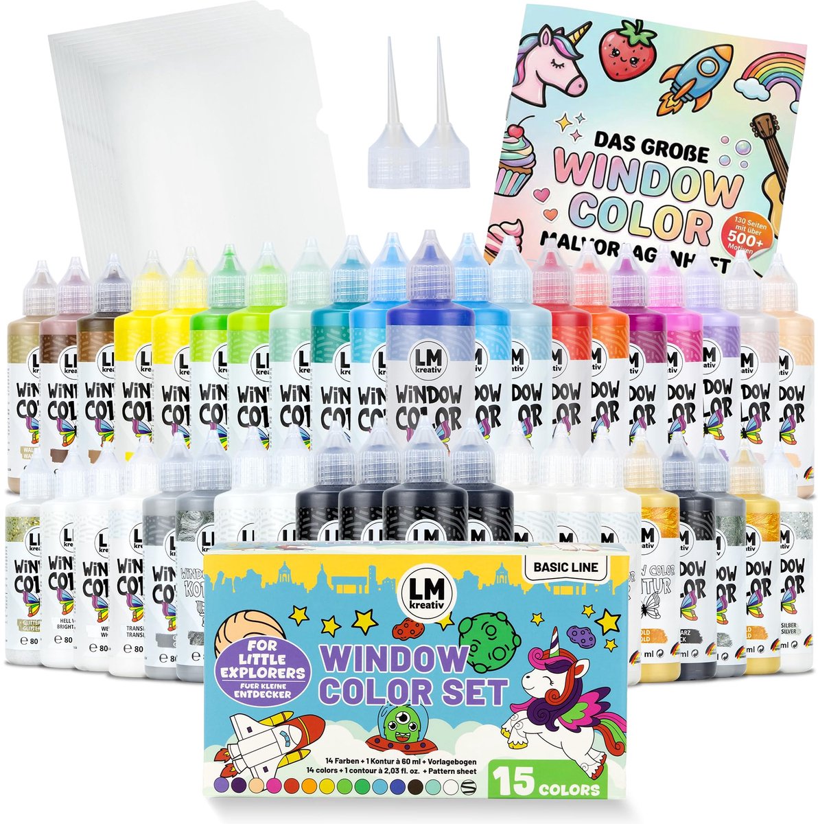 LM-Kreativ Window Color XXL set - glasverf set - 40 kleuren met contourverf - 10 folies en sjablonenboek met 500 motieven