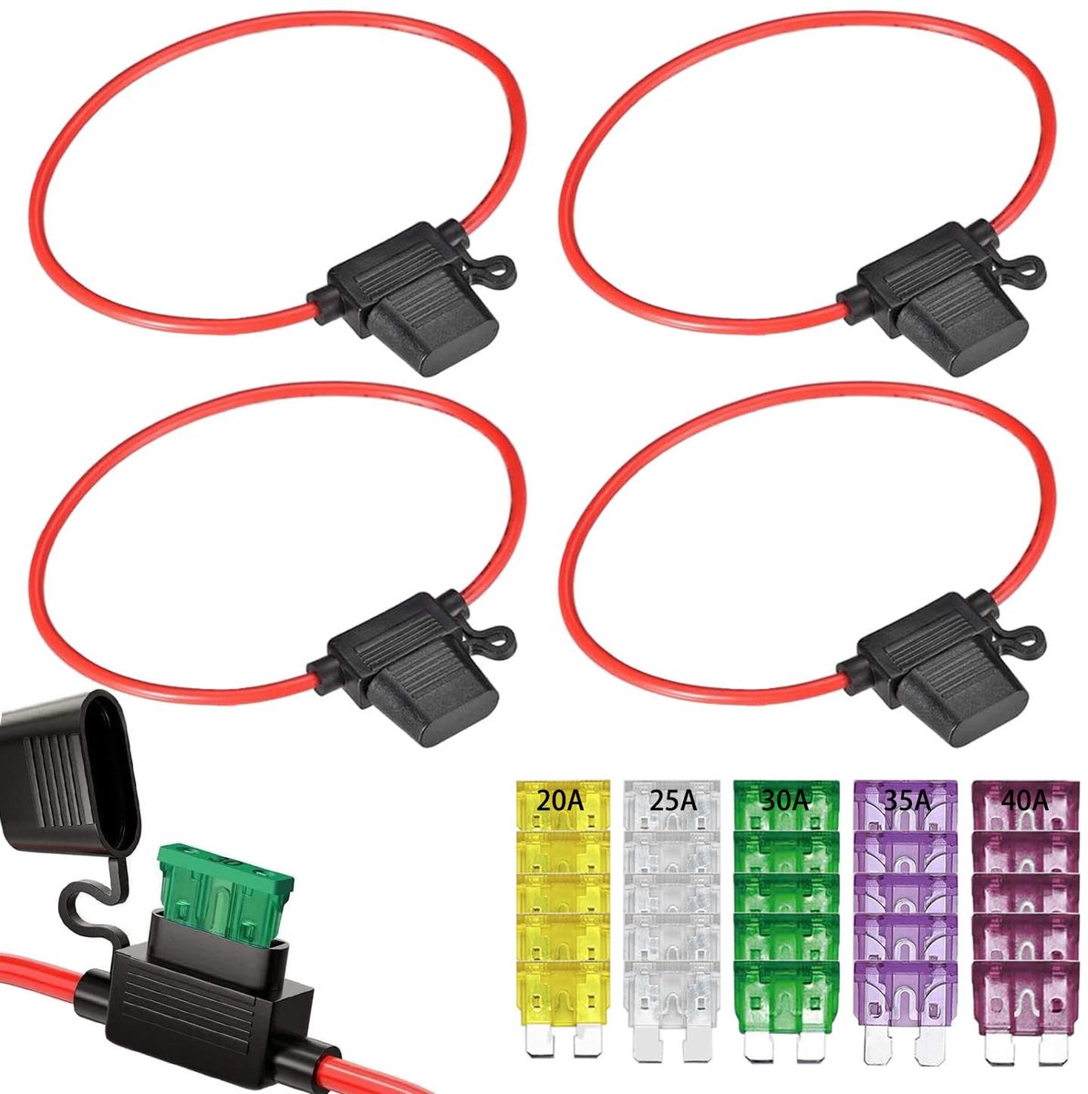 5 STKS Auto Inline Standaard Blade Zekeringhouder Waterdicht 12AWG, Medium Size DC Zekeringhouder Doos met 25STKS Standaard Auto Zekeringen, 20A 25A 30A 35A 40A Automotive Vervanging