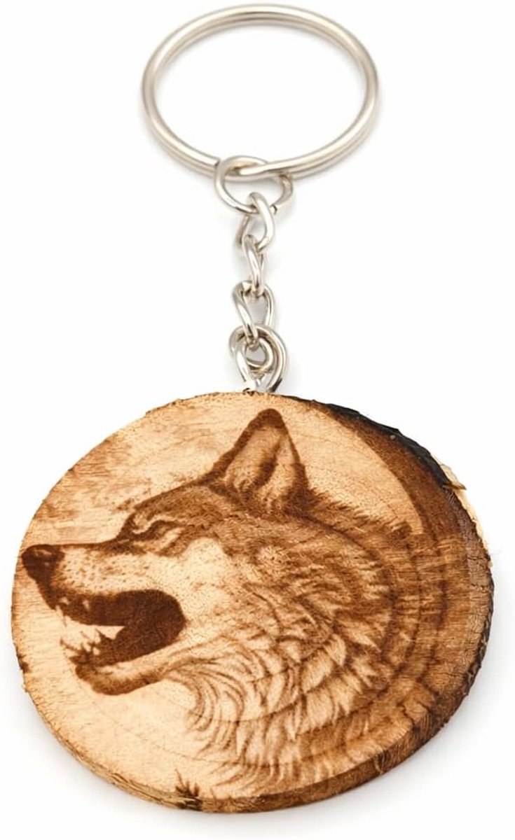 Wolf - King van de nacht handgemaakte lasergegraveerde uniek stuk sleutelhanger van hout, natuurlijk hout, W5L5