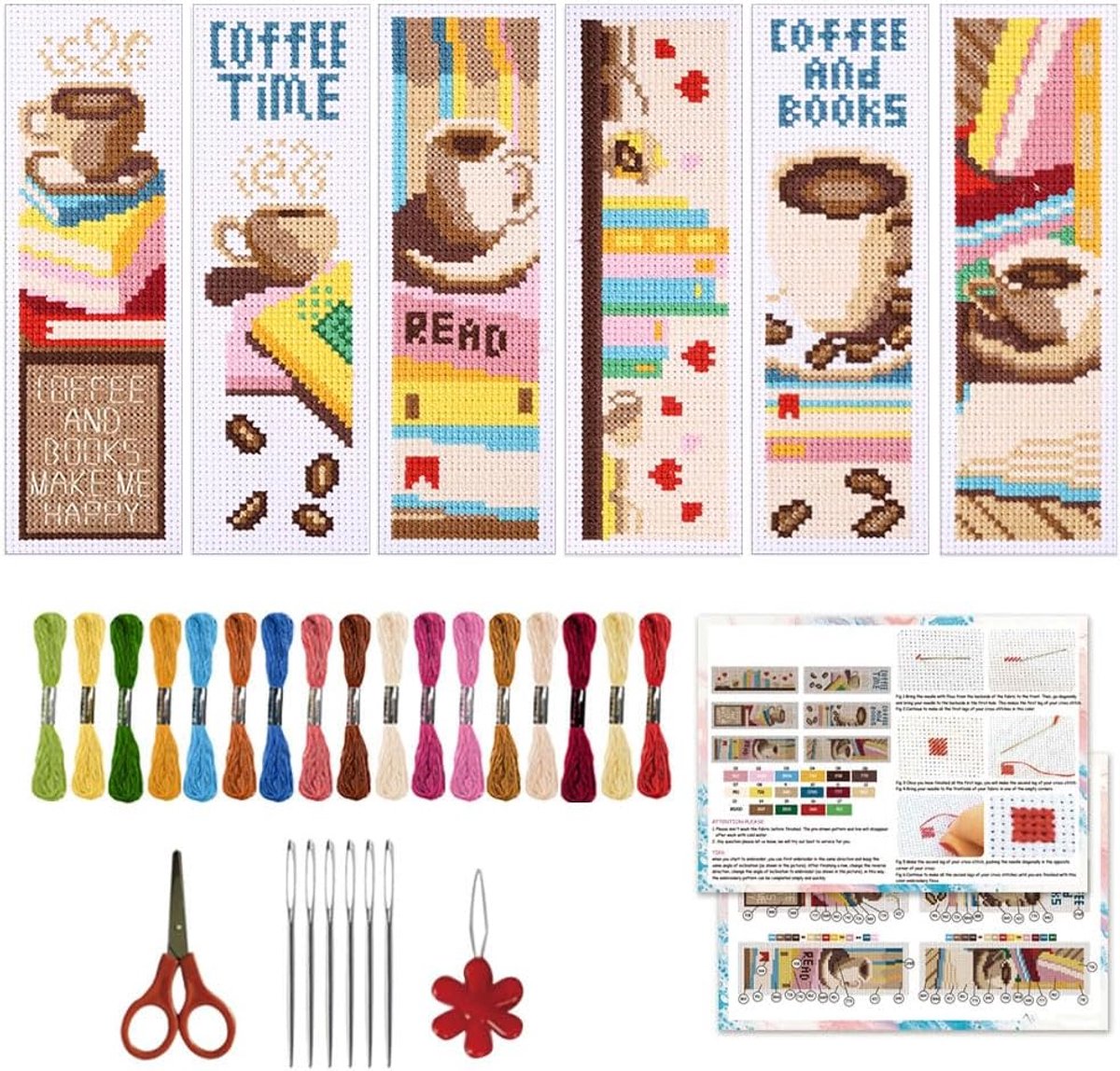 6 stuks kruissteek bladwijzer kit voor beginners en volwassenen, koffie en boeken gestempeld borduurwerk bladwijzer kit met instructie voor starters bedrukte kruissteek DIY kits voor