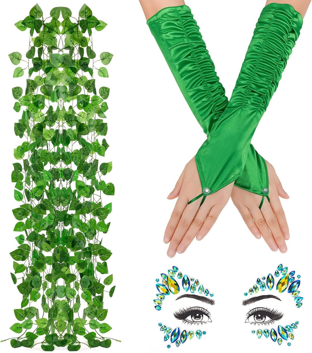 Poison Ivy Kostuum Set voor Dames - Halloween Feestbenodigdheden Met Juwelen, Gezichtstattoo, Kunstmatige Wijnstokken en Lange Handschoenen