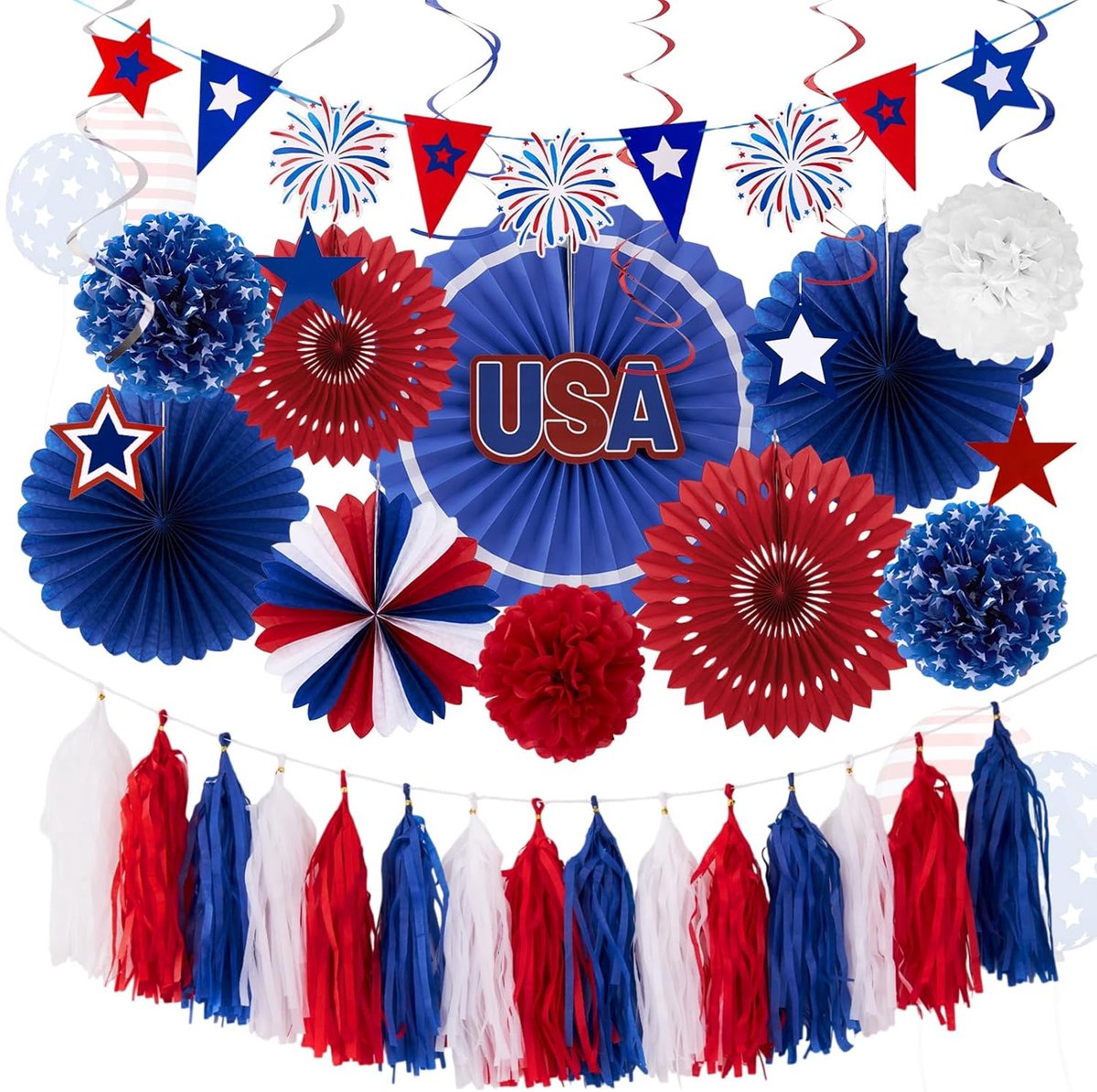 16-delige Onafhankelijkheidsdag feestdecoratie, papieren waaiers, decoratieve ophangslinger en vlaggenset, 4 juli USA feestdecoratie, pompons, papieren waaiers, slinger, USA-vlaggen voor
