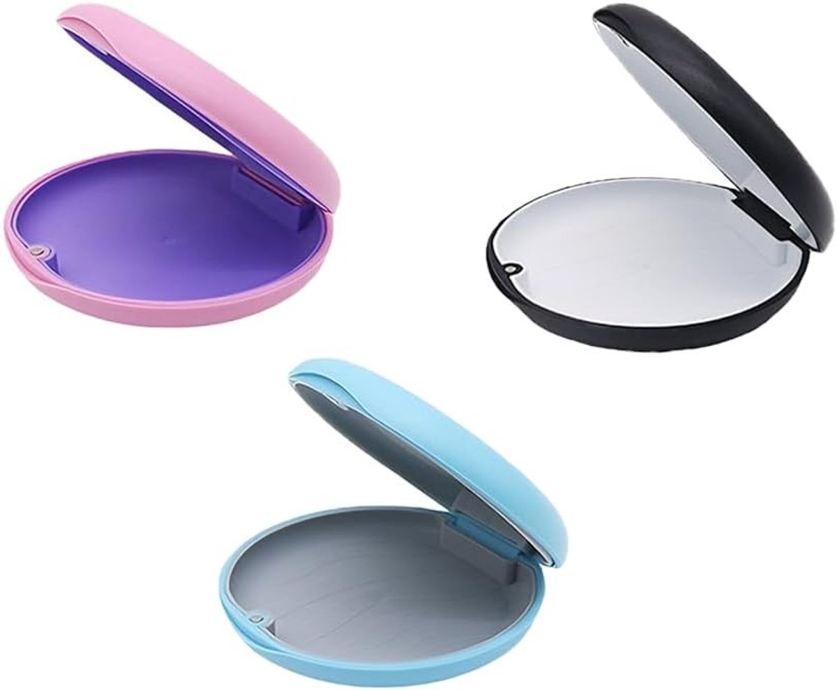 Set van 3 draagbare magnetische tandbeugeldozen voor veilig reizen, compacte opbergdozen voor tandprothesen met siliconen pad en stevige klem, zwart, roze, blauw