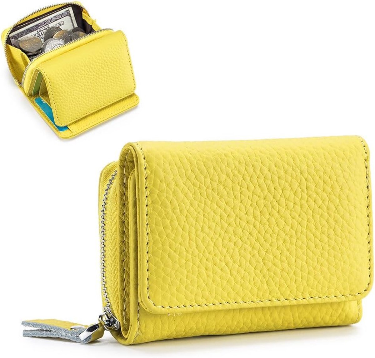 Kleine damesportemonnee met muntvak en RFID-bescherming, echt leer, mini-portemonnee, creditcardhouder voor vrouwen en meisjes, geel, 10*7.5*4cm, Klassiek