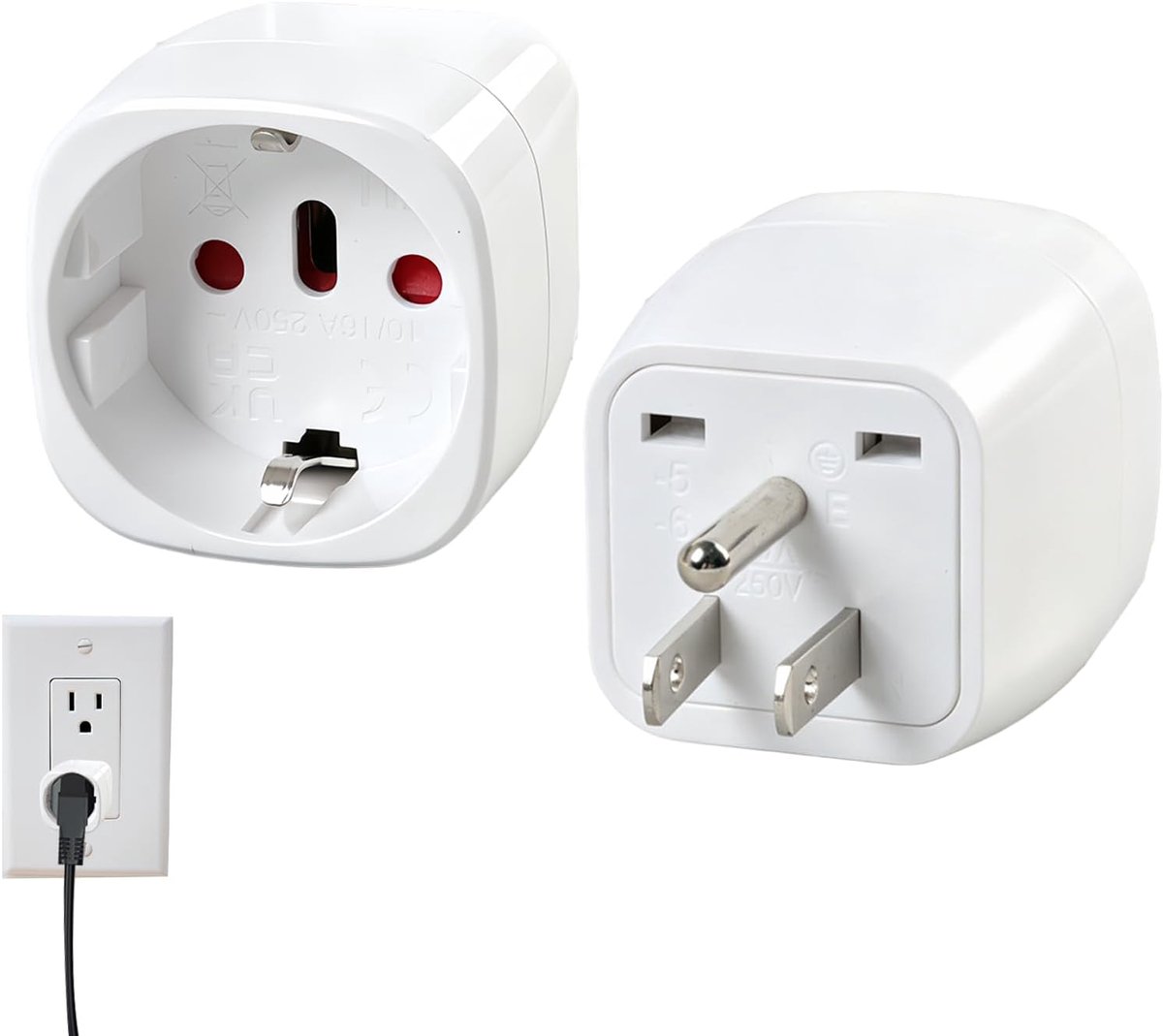 2 stuks Euro naar VS stekkeradapter, reisadapter Thailand, compatibel met Canada Mexico, type B stroomadapter, wit
