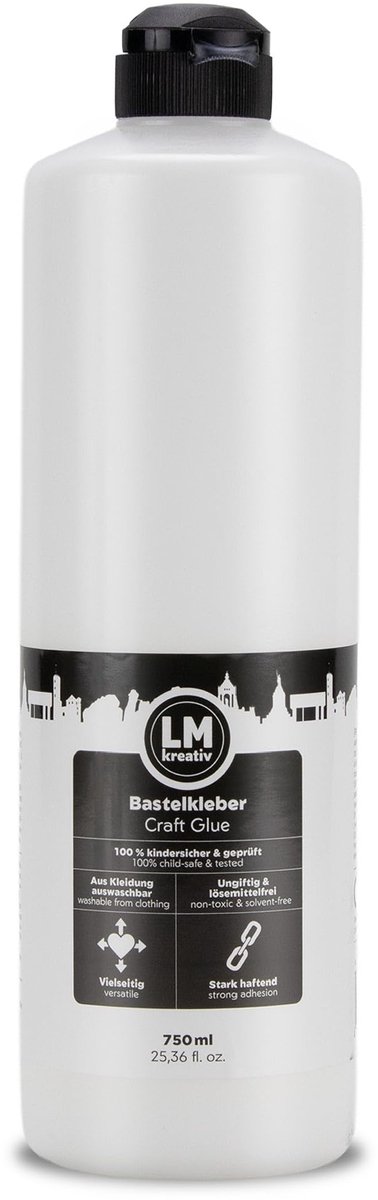 LM-Kreativ knutsellijm PVAC - 750 ml knijpfles met doseertuit - witte lijm voor papier, hout en karton