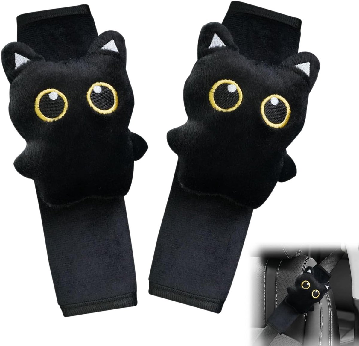 2 stuks zwarte kat veiligheidsgordelbescherming, schattige afneembare veiligheidsgordelpads, pads voor veiligheidsgordels, comfort