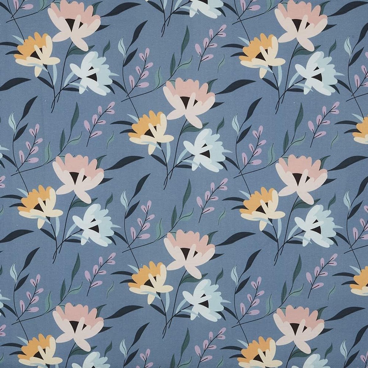 Stof, digitale print, kussens, gordijnen, halfpanama, katoen, patchwork, 100 cm lengte x 280 cm breedte, Sirian bloemenpatroon, blauw, roze, oranje - 1 meter