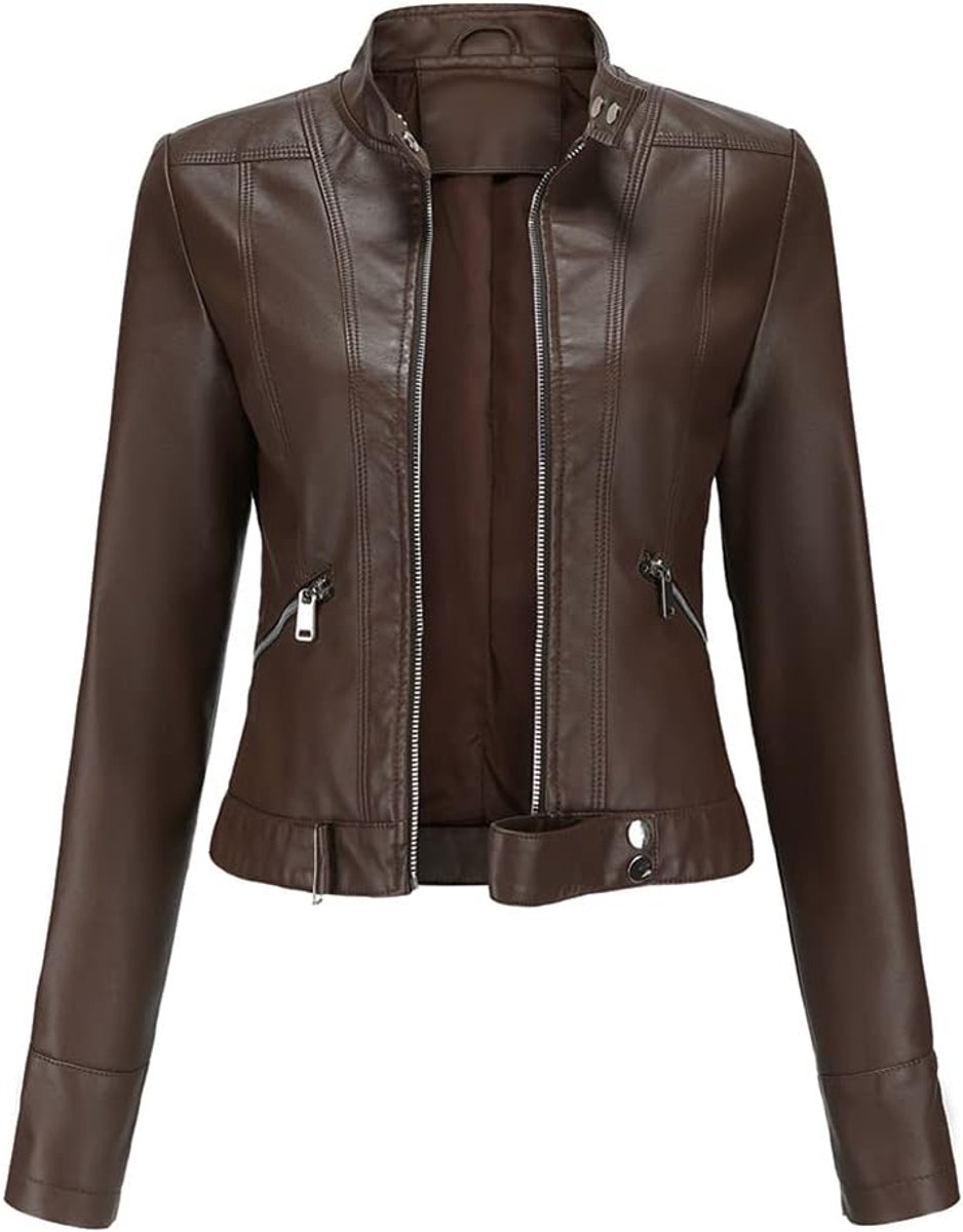 Klassieke PU-lederen motorjas voor dames, korte slim fit, casual jas met ritssluiting