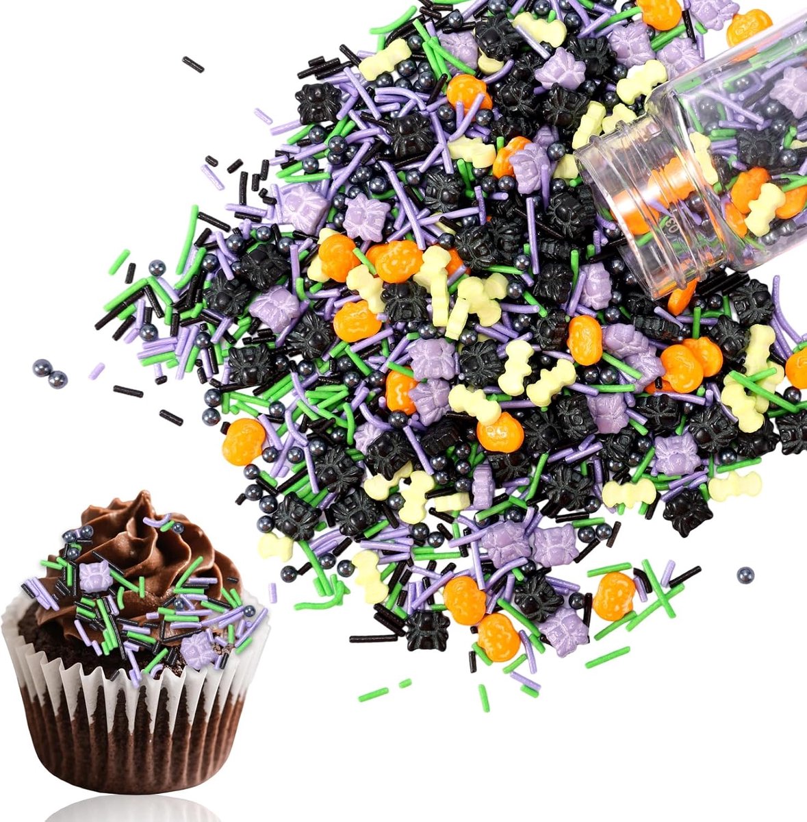 100g Halloween Eetbare Sprinkles, Halloween Strooimix Inclusief Spin Vleermuis Kralen en Suikersnoepjes voor Decoreren Taarten en Desserts Feestelijk Thema(Mixstijl)