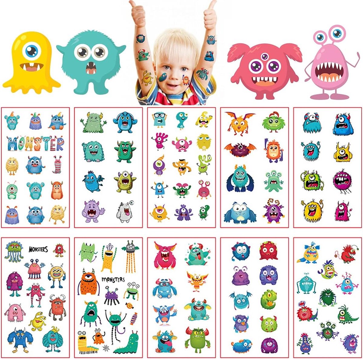 monstertatoeages voor kinderen, 10 vellen kindertatoeages voor kinderen, jongens en meisjes, coole dieren, huidvriendelijk, tijdelijke stickers voor kinderverjaardag, cadeautje, feest