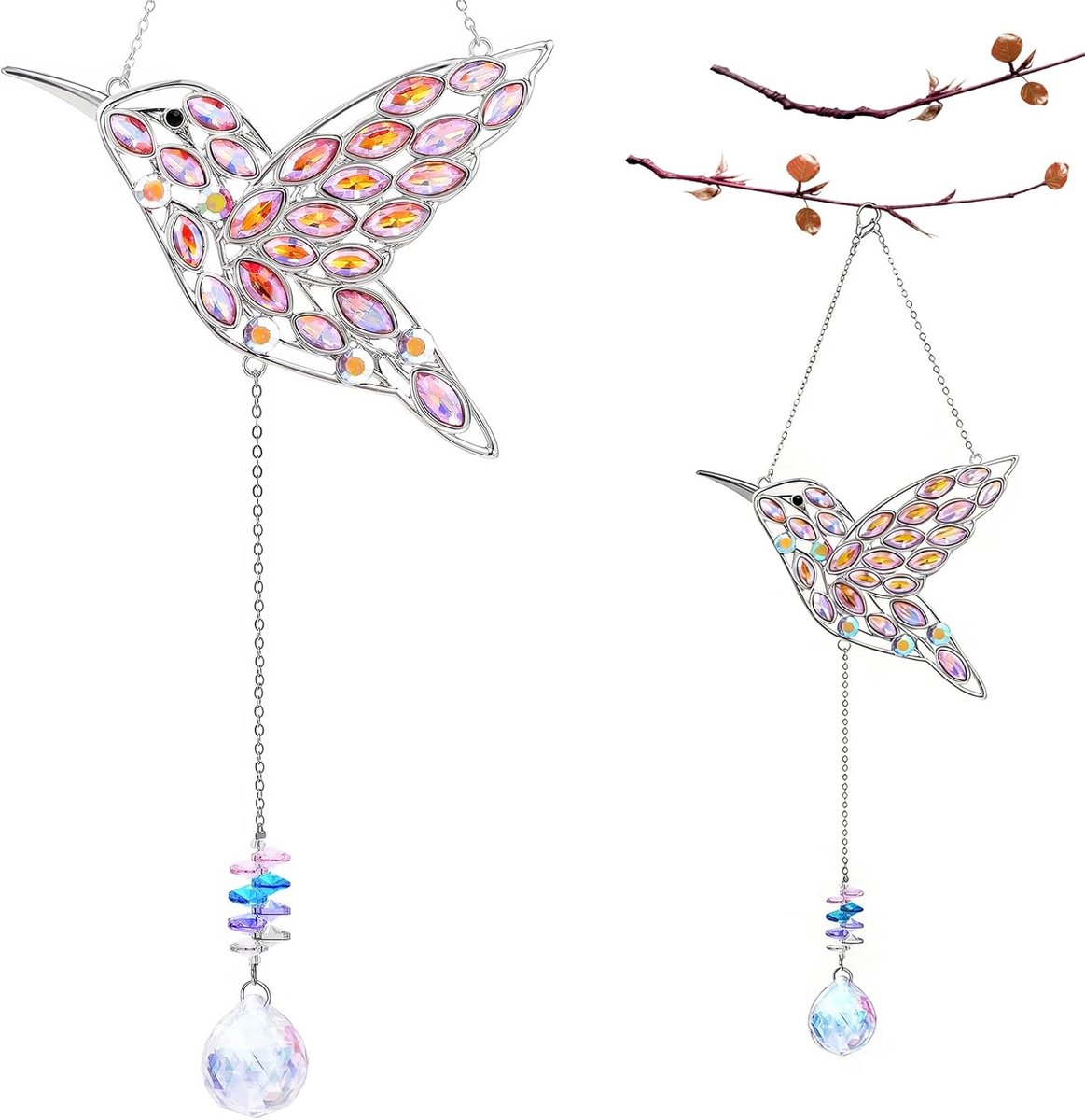 Kolibri Zonnevanger, kristallen zonnevanger, regenboogkristallen om op te hangen, kolibrie zonnevanger, raamdecoratie, hangende lichtvanger voor ramen, terras, muur, huis en tuin