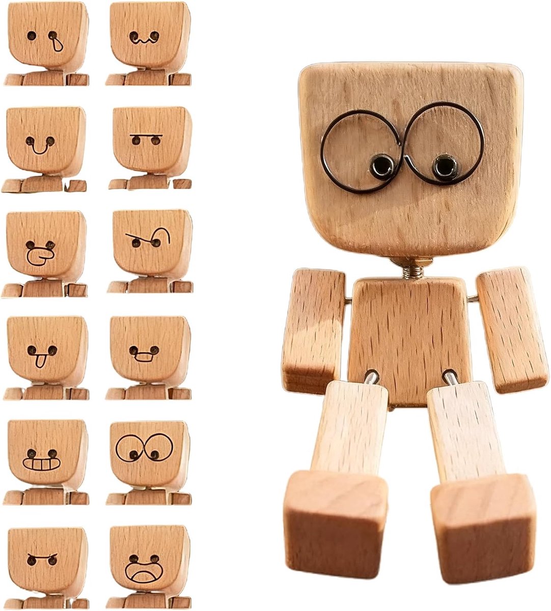 houten man-figuur met 12 magnetische gezichtsuitdrukkingen, charmant klein wiebelauto-ornament, handgemaakte autodecoratie, ideaal voor creatieve geschenken en thuis