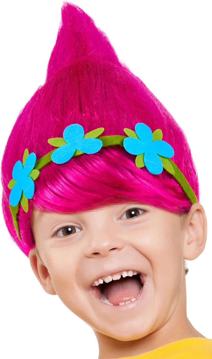 Trollenpruik voor kinderen meisjes & jongens in roze, turquoise en groen als aanvulling op het Trollenkostuum tijdens carnaval en themafeest (roze + bloemenkrans)