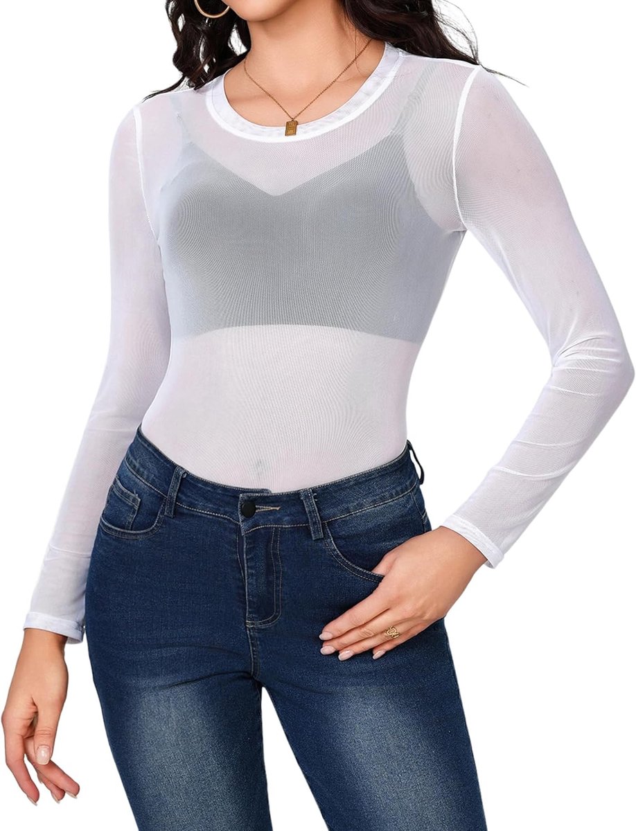 Netbovendeel dames sexy mesh sheer top lange mouwen mesh bovendeel transparant netshirt ronde hals casual lange mouwen tule stretch blouse tuniek clubwear party