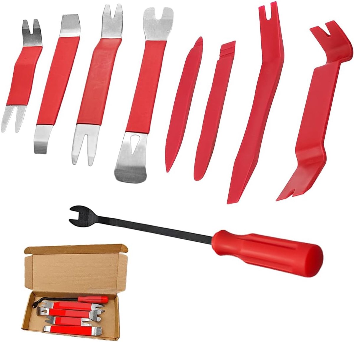 9 sets demontagegereedschap voor autoreparatie: 4 kunststof hendels, 5 metalen wiggen voor sierlijsten, met hefboomgereedschap voor het verwijderen en opnieuw plaatsen (rood)