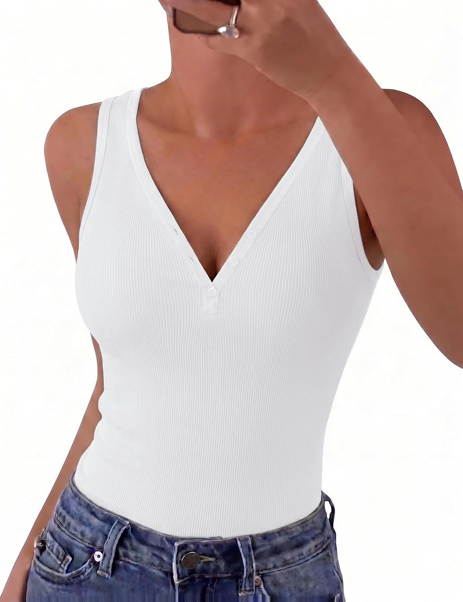 Mouwloos dames-T-shirt van geribbeld, bovendeel met V-hals en knopen, basic T-shirt, slim fit, elegant en zacht