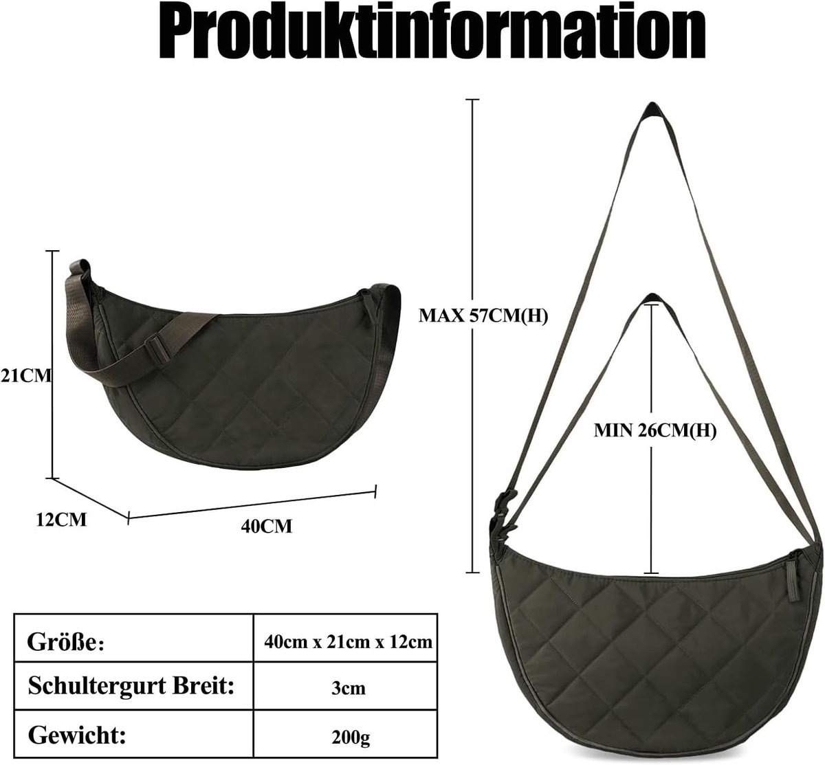 Halve maan crossbody bag dames schoudertas middelgroot nylon gewatteerde tas dames buffer bag hobo shopper tas schoudertas met verstelbare schouderriem voor universiteit, werk, reizen,
