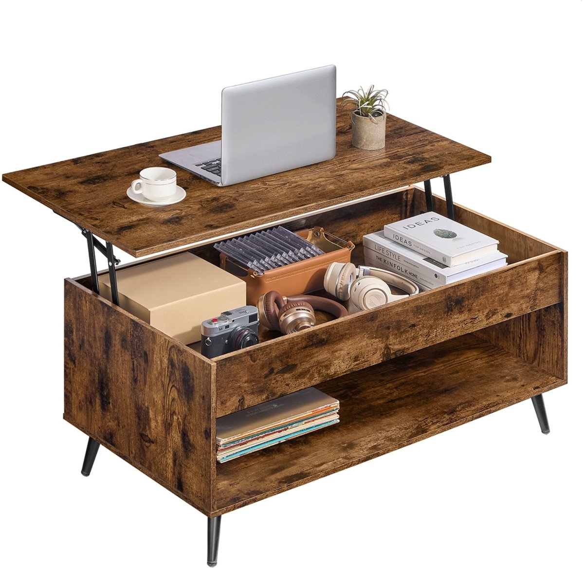 Salontafel met verstelbaar blad en verborgen opbergvak - Vintage bruin-matzwart - Vintage bruin/matzwart
